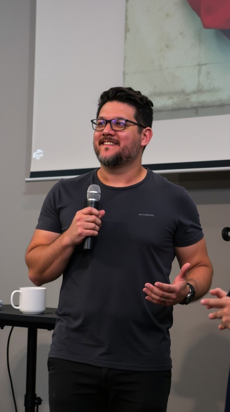 Thiago Hatore conduzindo um treinamento presencial, microfone em mãos, em sala real de formação.